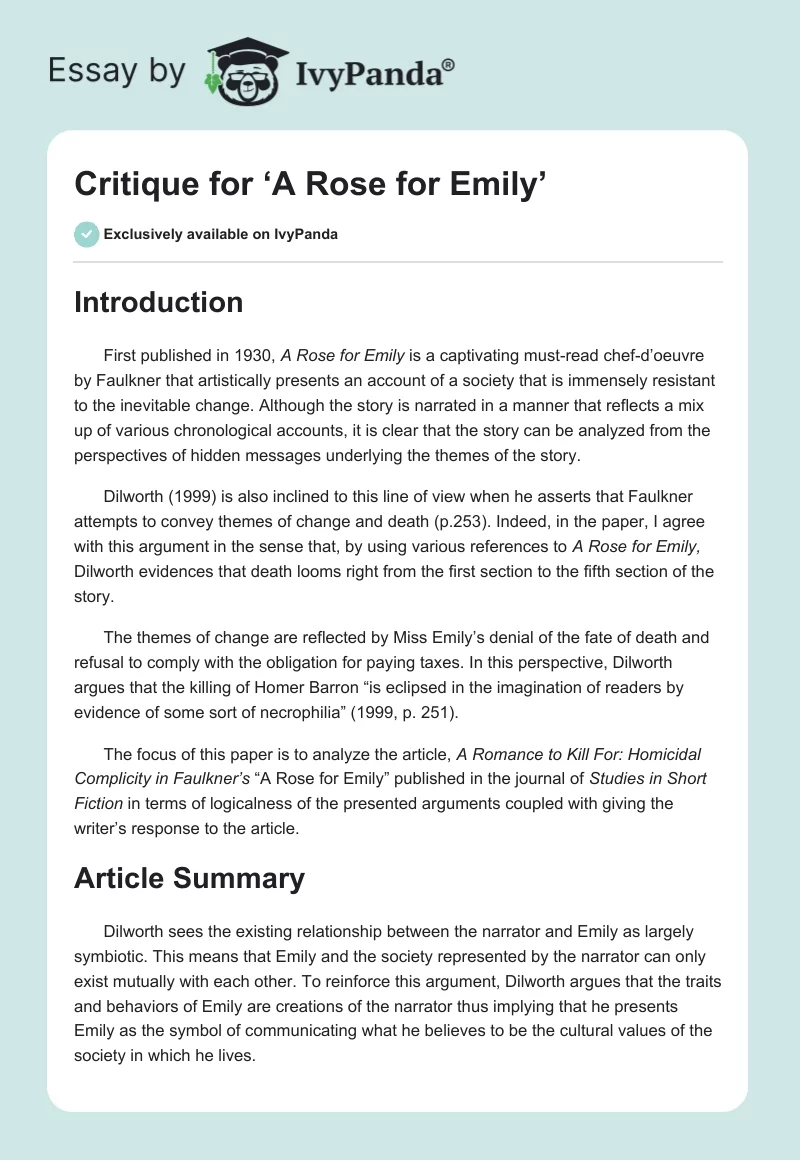 Critique for ‘A Rose for Emily’. Page 1