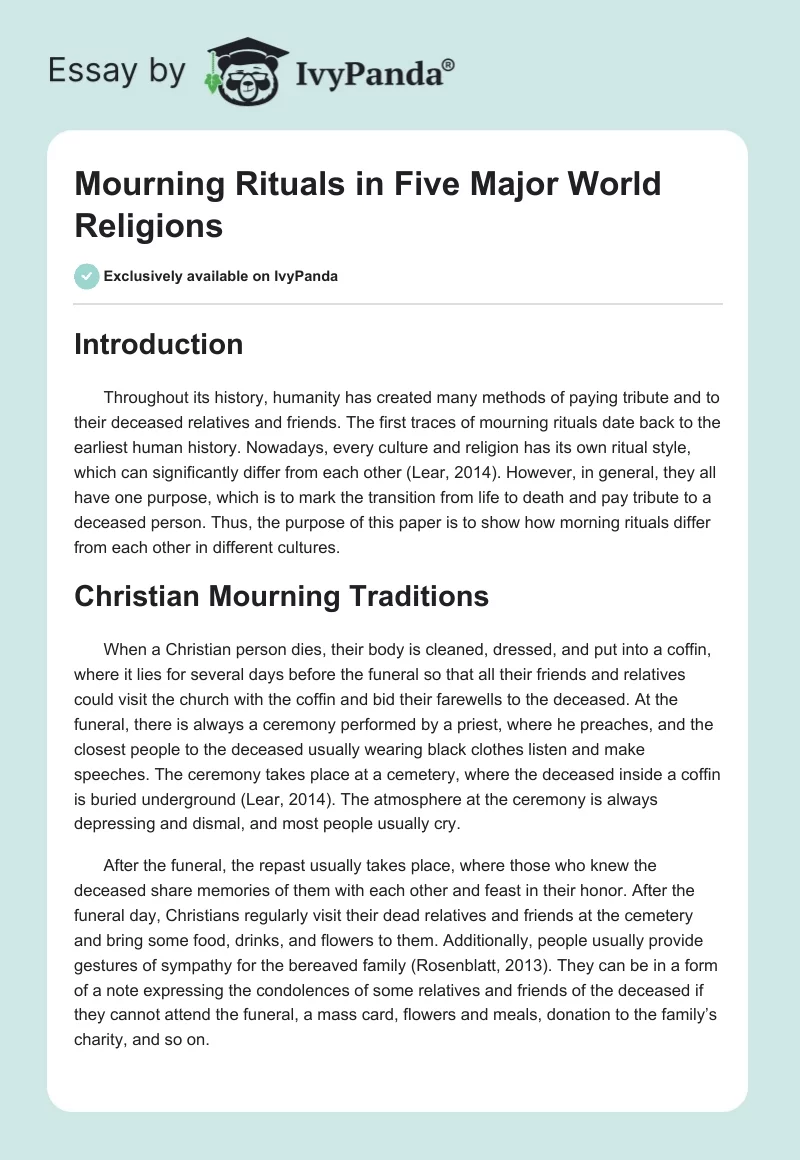 Mourning Rituals in Five Major World Religions. Page 1