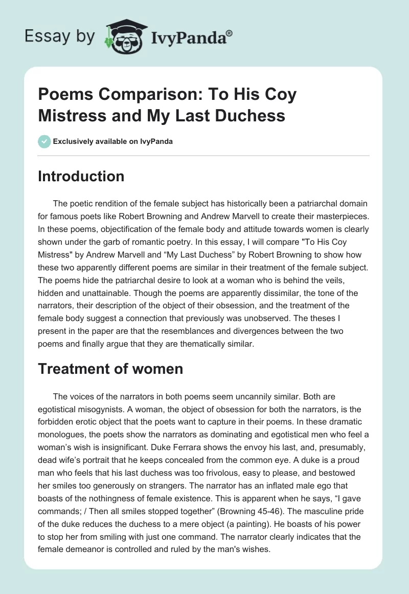Poems Comparison: "To His Coy Mistress" and "My Last Duchess". Page 1