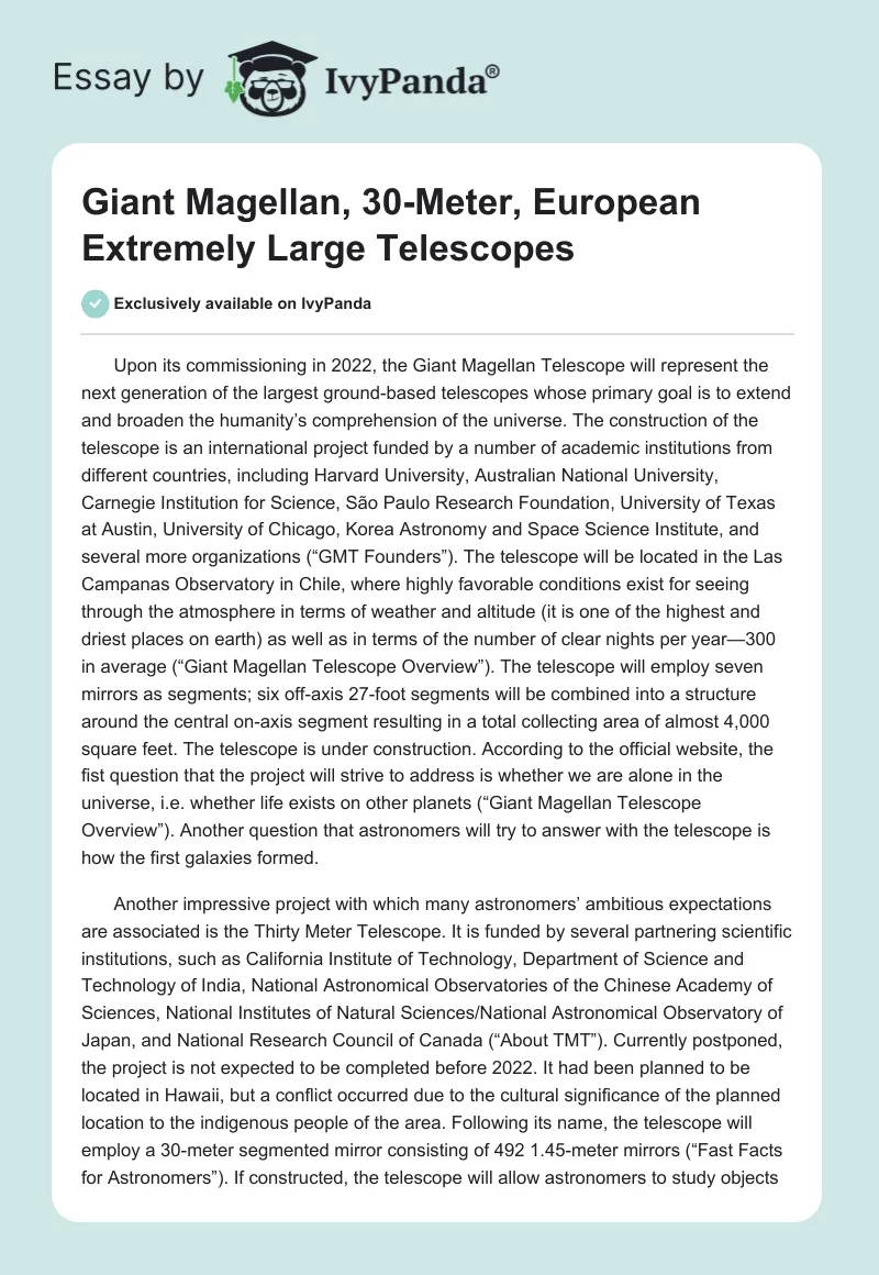 Giant Magellan, 30-Meter, European Extremely Large Telescopes. Page 1