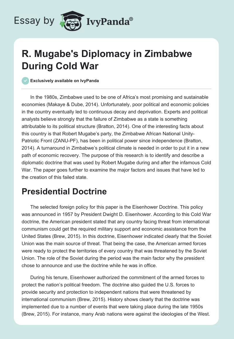 R. Mugabe's Diplomacy in Zimbabwe During Cold War. Page 1