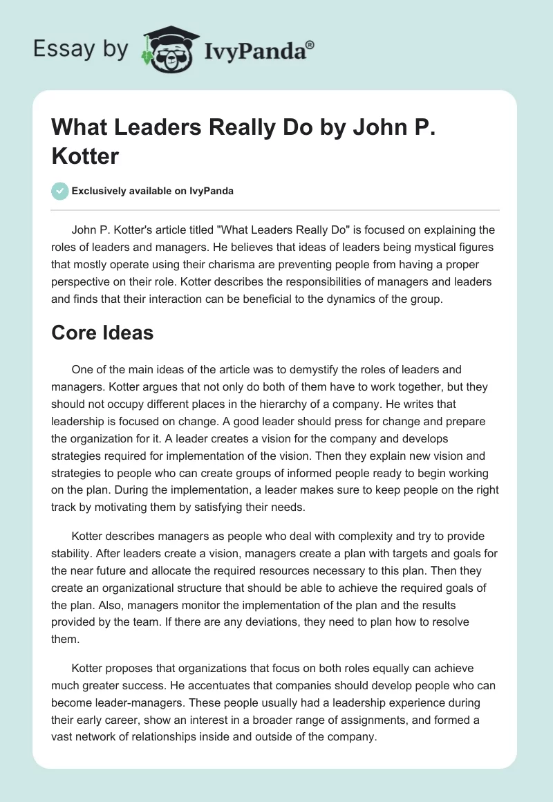 "What Leaders Really Do" by John P. Kotter. Page 1