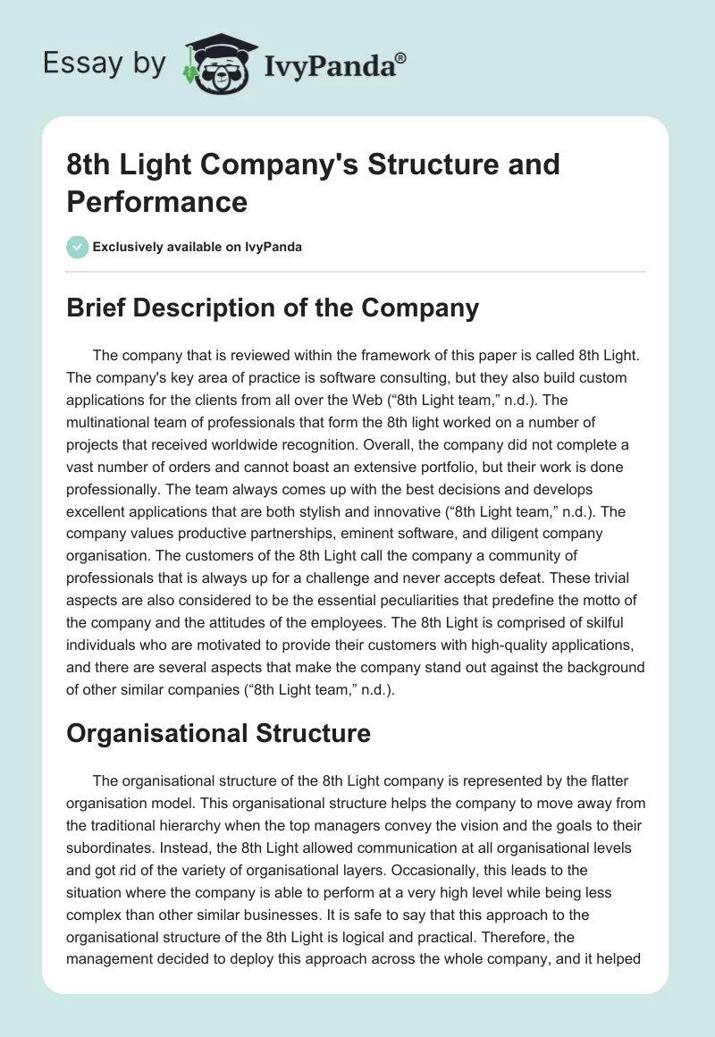 8th Light Company's Structure and Performance. Page 1