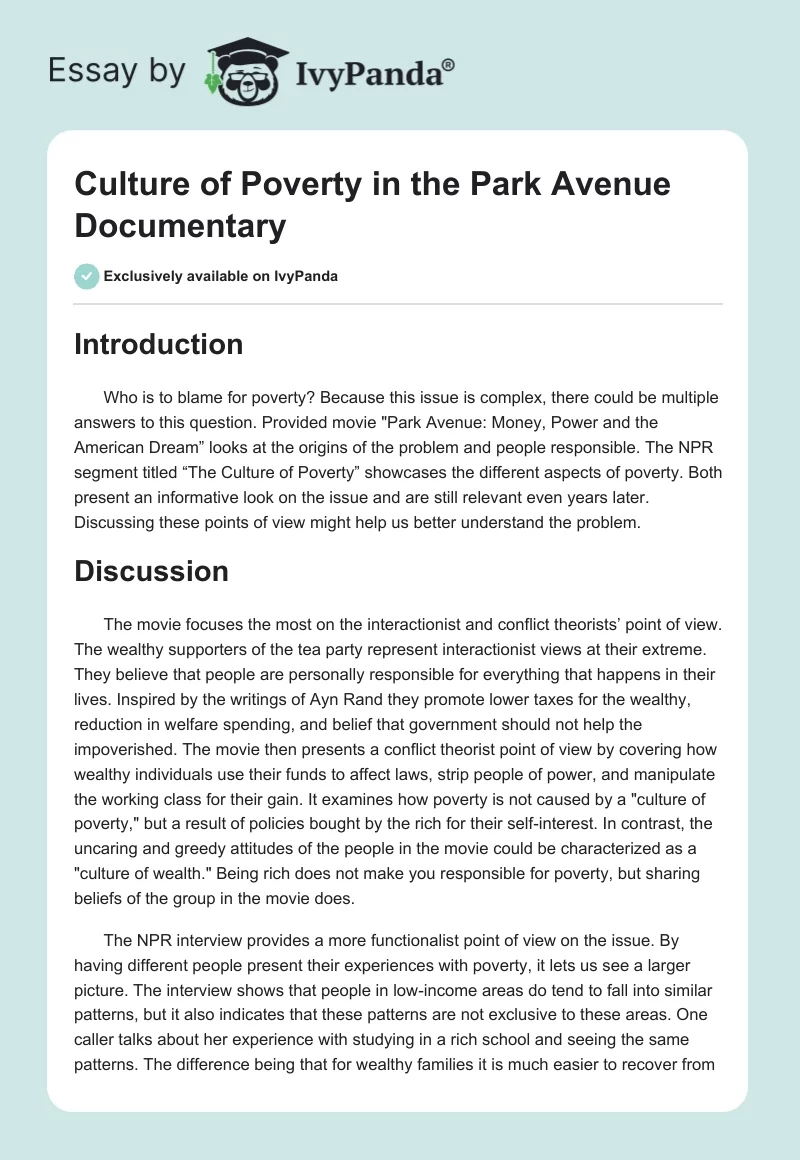 Culture of Poverty in the "Park Avenue" Documentary. Page 1