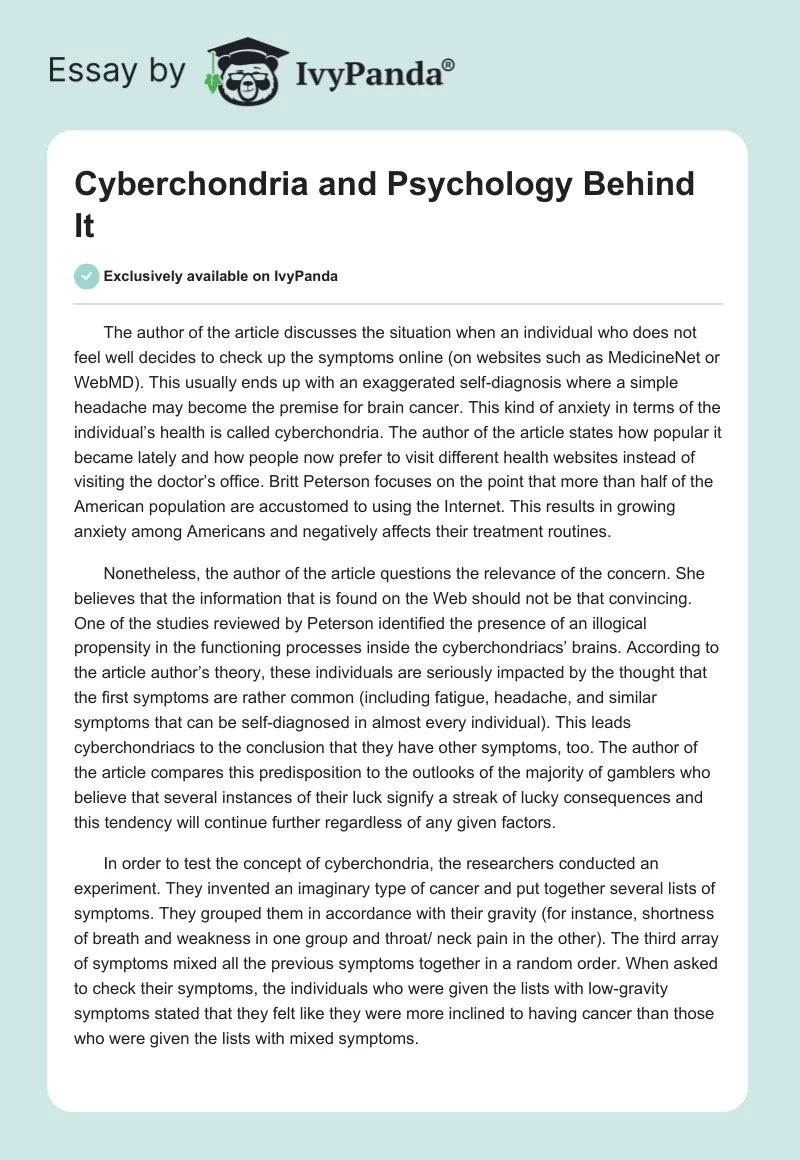 Cyberchondria and Psychology Behind It. Page 1