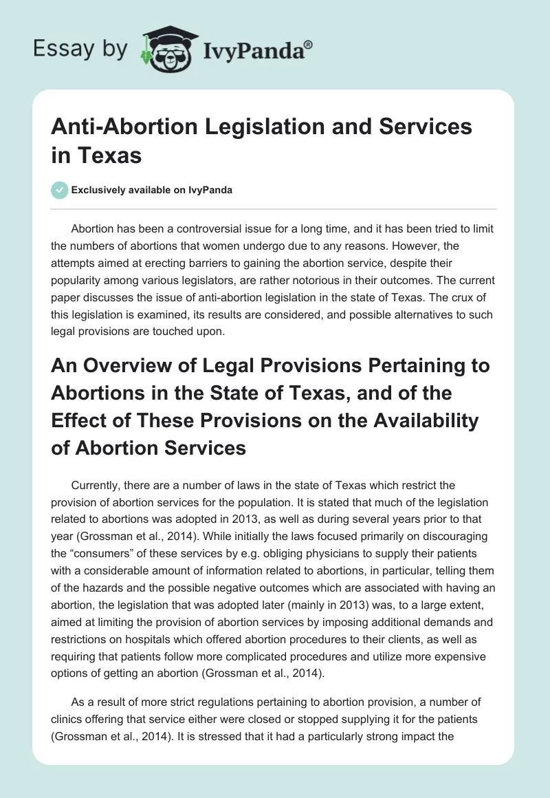 Anti-Abortion Legislation and Services in Texas. Page 1