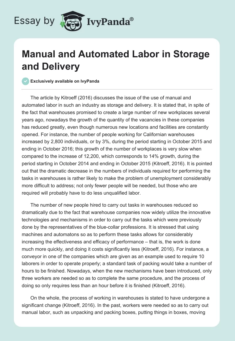 Manual and Automated Labor in Storage and Delivery. Page 1