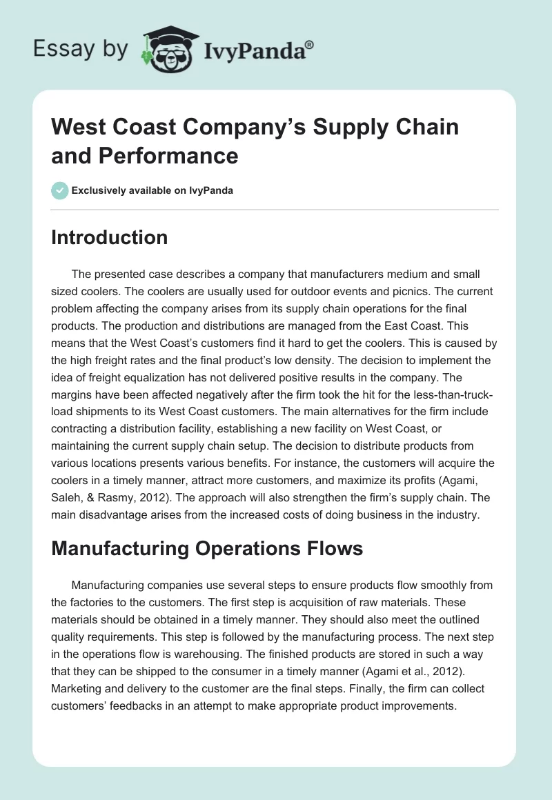 West Coast Company’s Supply Chain and Performance. Page 1