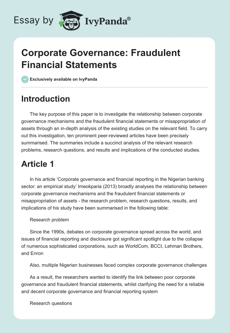 Corporate Governance: Fraudulent Financial Statements. Page 1