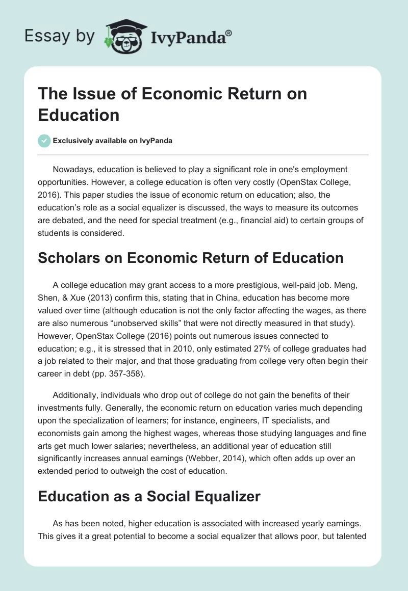 The Issue of Economic Return on Education. Page 1