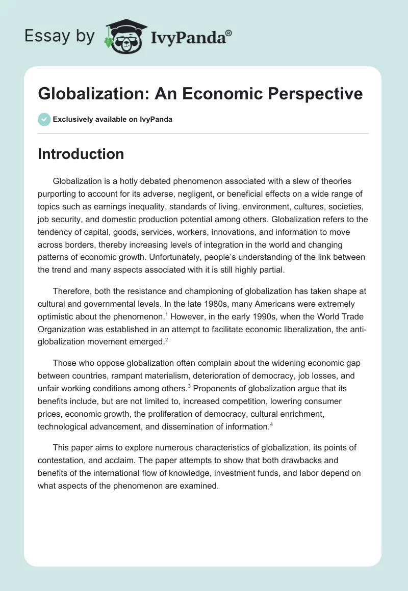 Globalization: An Economic Perspective. Page 1