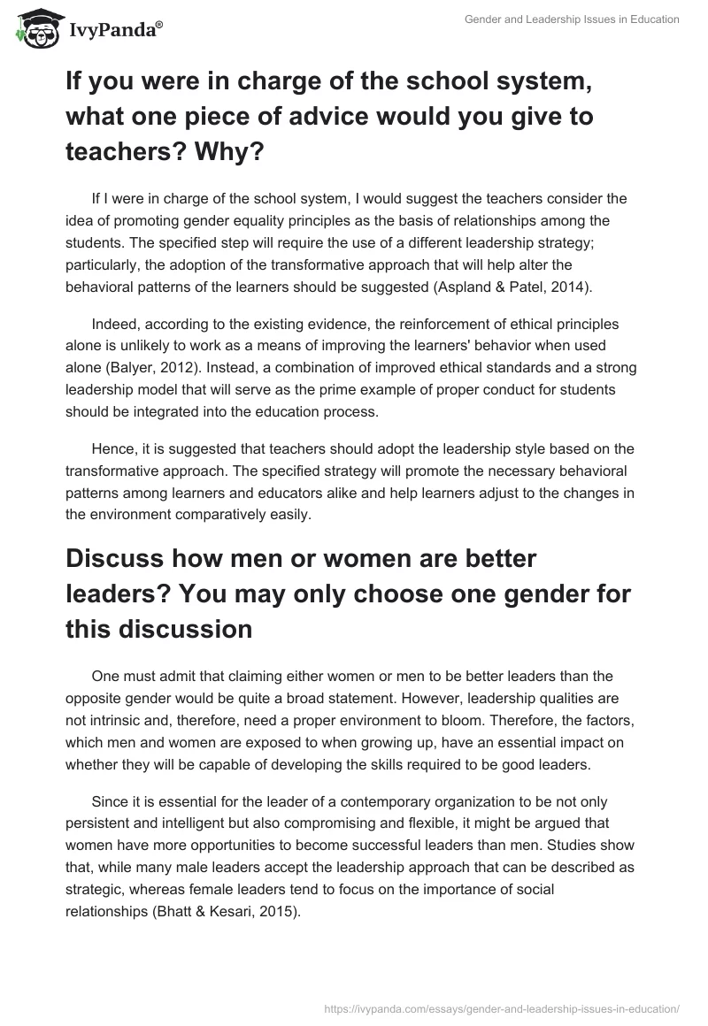 Gender and Leadership Issues in Education. Page 2