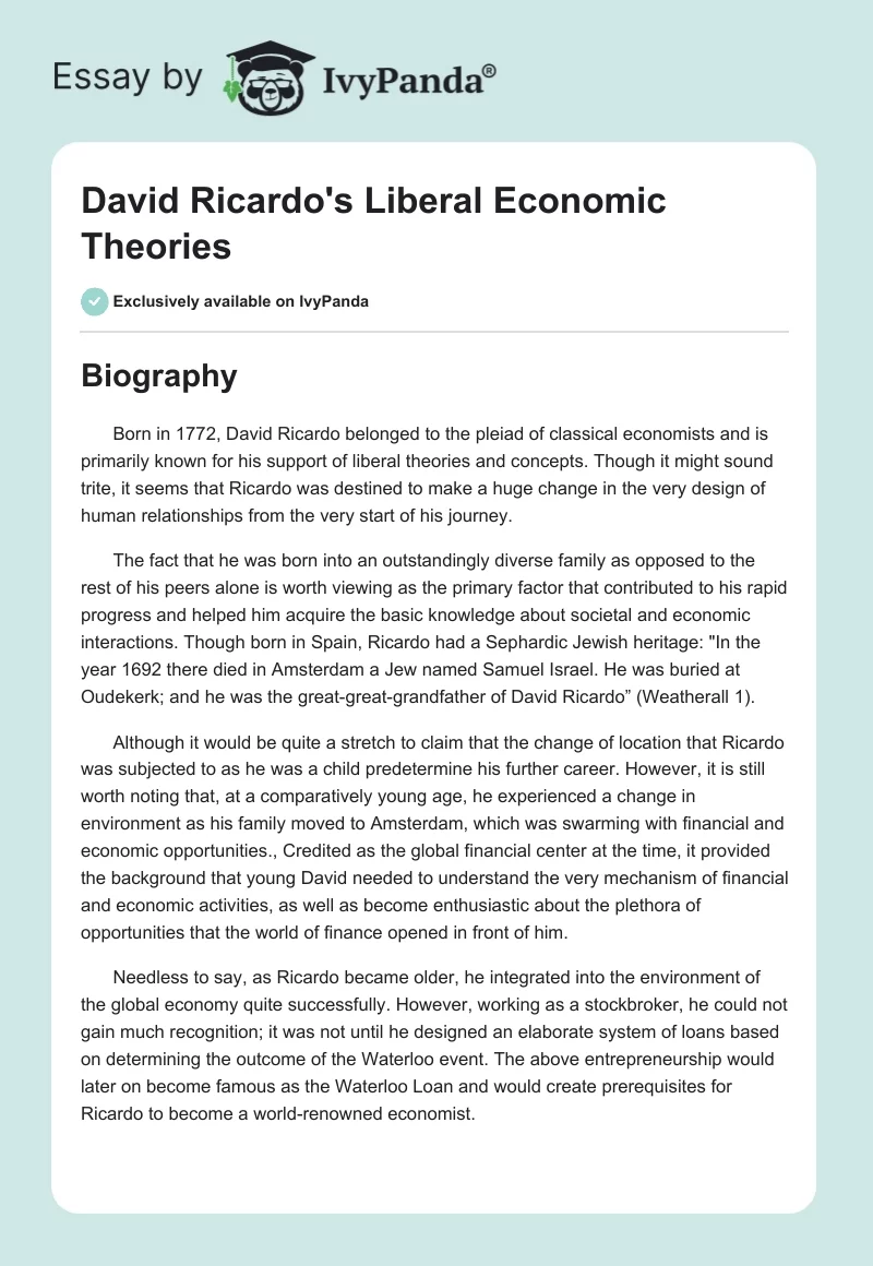 David Ricardo's Liberal Economic Theories. Page 1