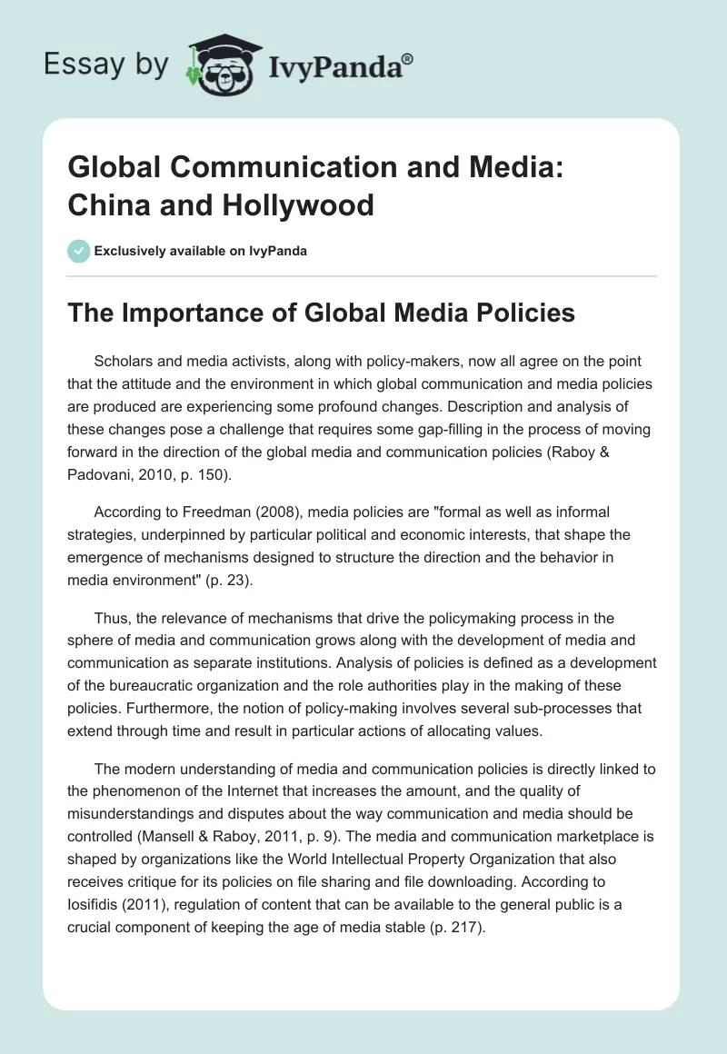 Global Communication and Media: China and Hollywood. Page 1