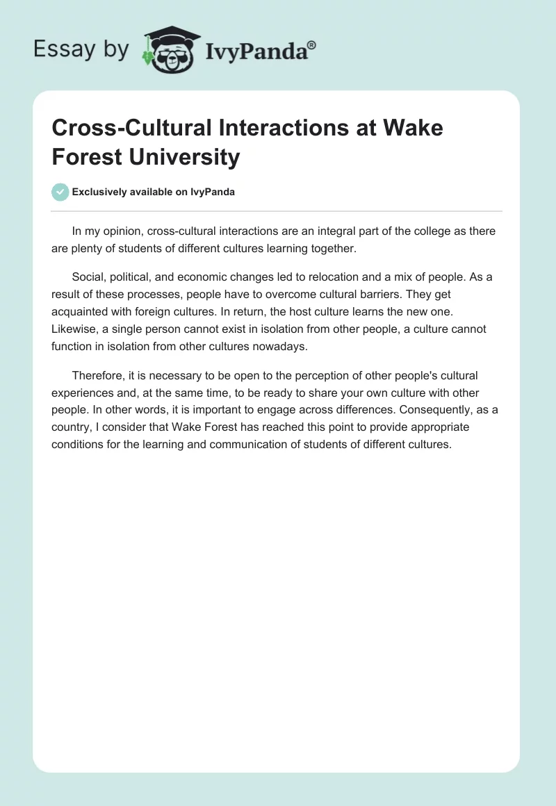 Cross-Cultural Interactions at Wake Forest University. Page 1