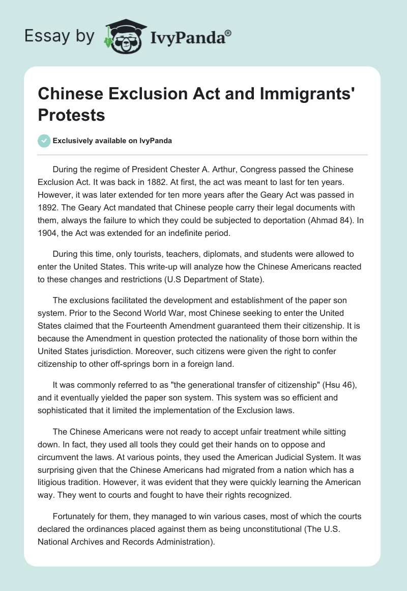 Chinese Exclusion Act and Immigrants' Protests. Page 1