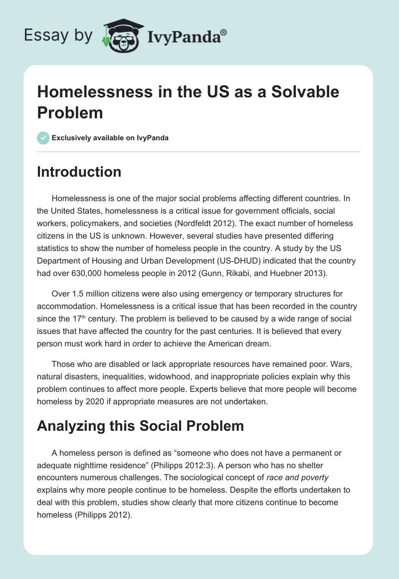 Homelessness in the US as a Solvable Problem. Page 1
