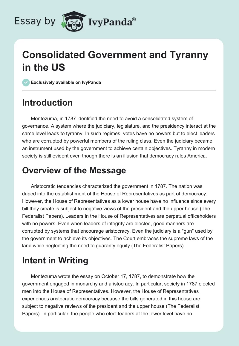 Consolidated Government and Tyranny in the US. Page 1