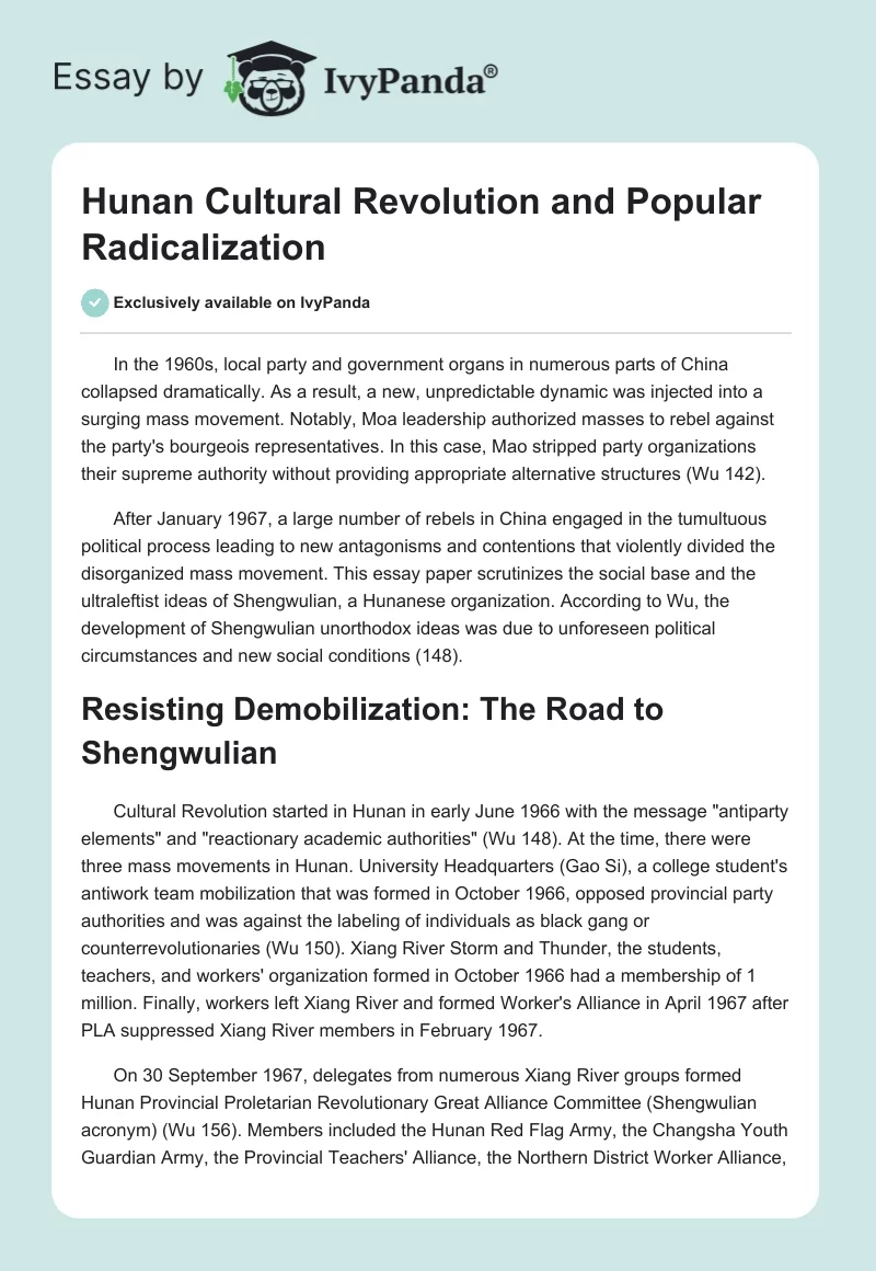 Hunan Cultural Revolution and Popular Radicalization. Page 1