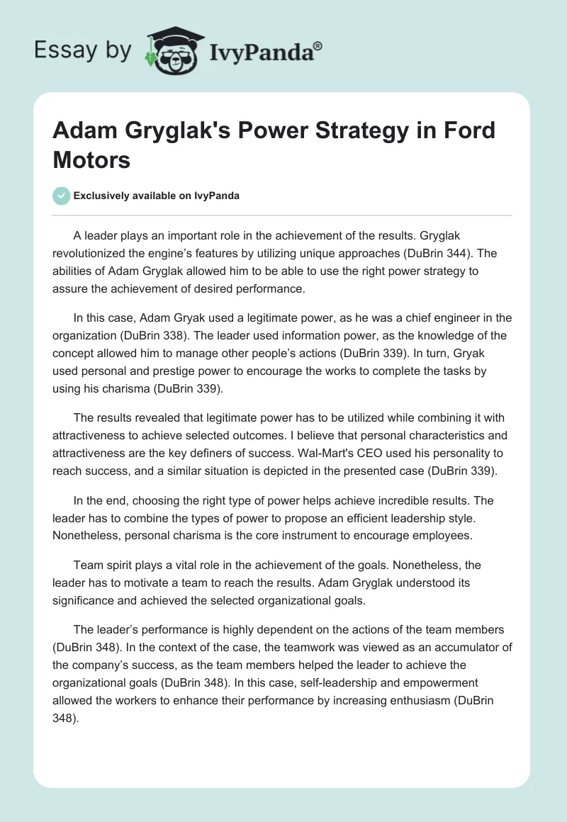 Adam Gryglak's Power Strategy in Ford Motors. Page 1