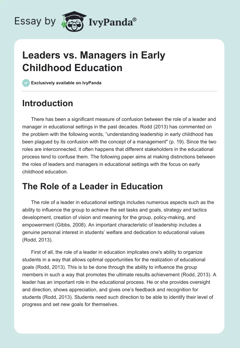 Leaders vs. Managers in Early Childhood Education. Page 1