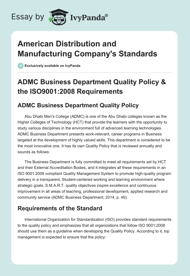 American Distribution and Manufacturing Company's Standards. Page 1
