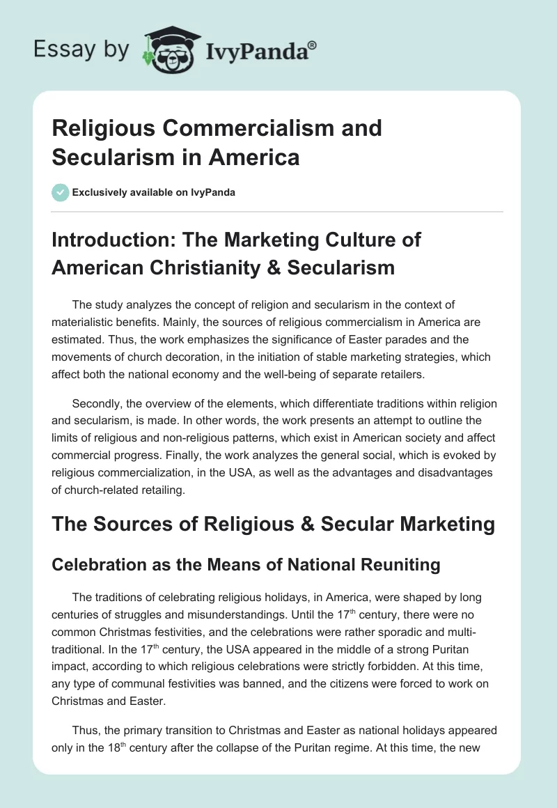 Religious Commercialism and Secularism in America. Page 1