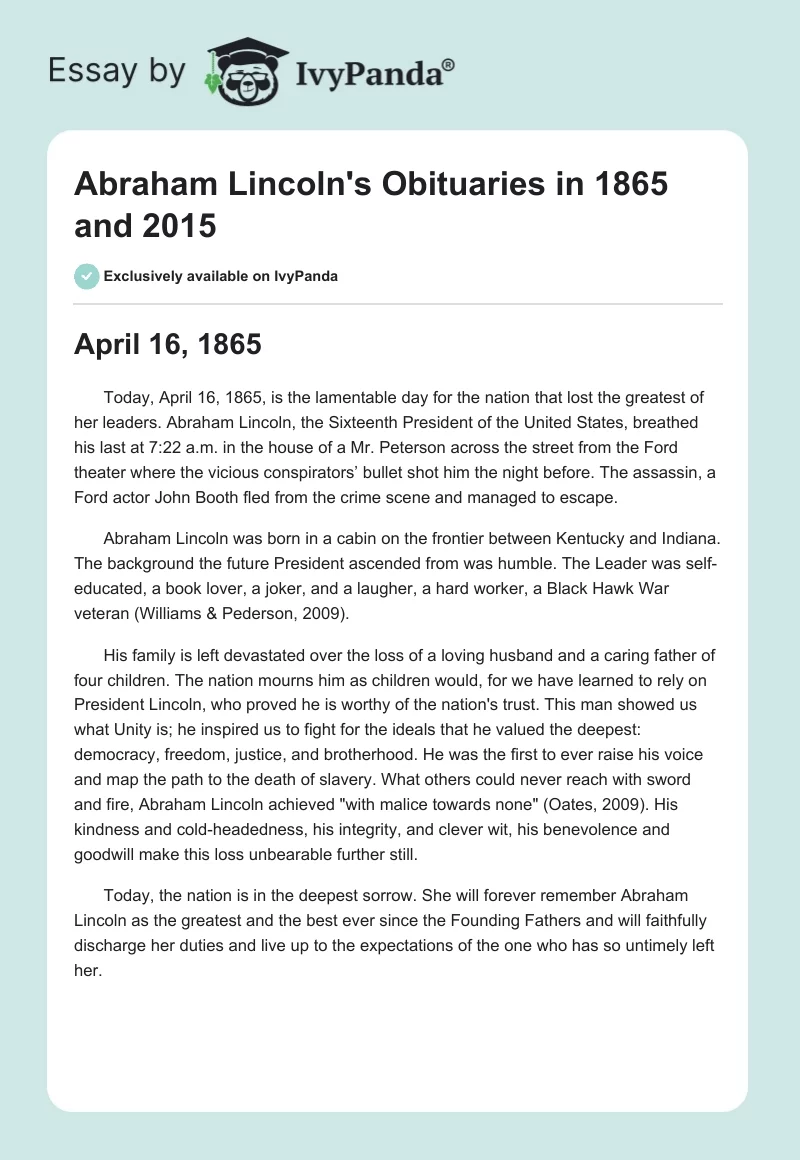 Abraham Lincoln's Obituaries in 1865 and 2015. Page 1