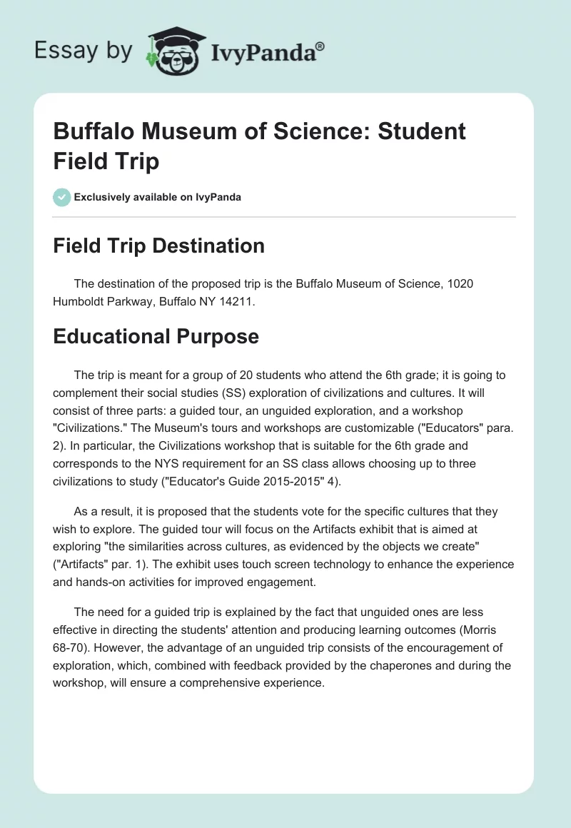 Buffalo Museum of Science: Student Field Trip. Page 1
