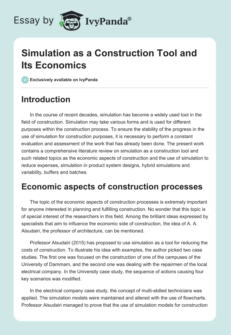 Simulation as a Construction Tool and Its Economics. Page 1