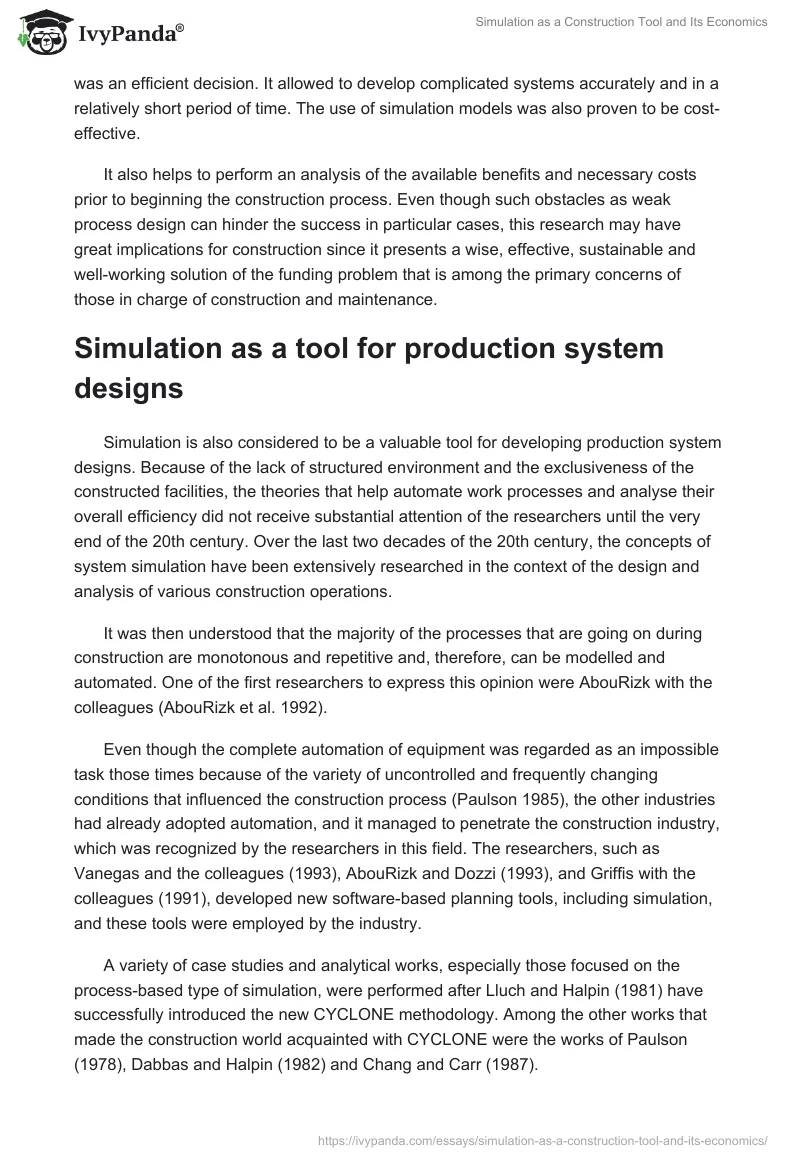 Simulation as a Construction Tool and Its Economics. Page 2