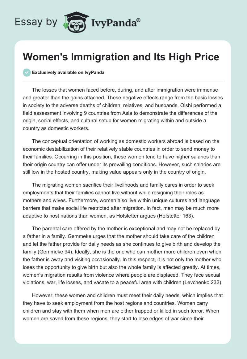 Women's Immigration and Its High Price. Page 1