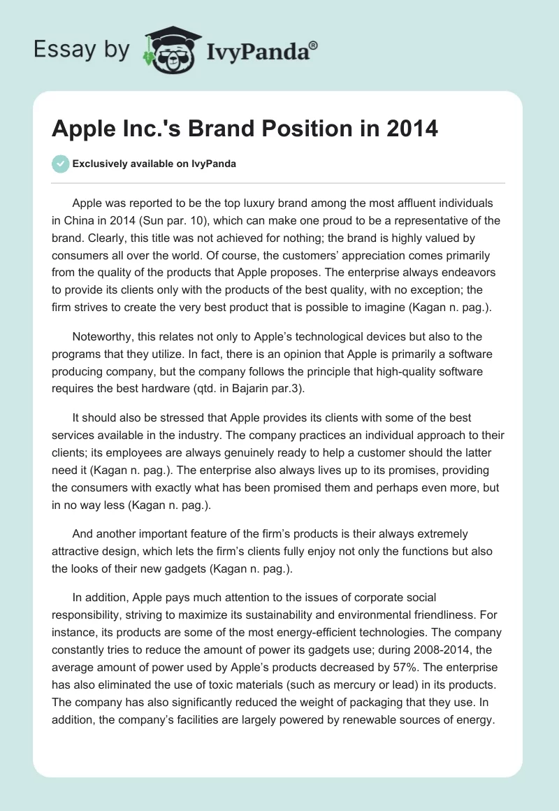 Apple Inc.'s Brand Position in 2014. Page 1