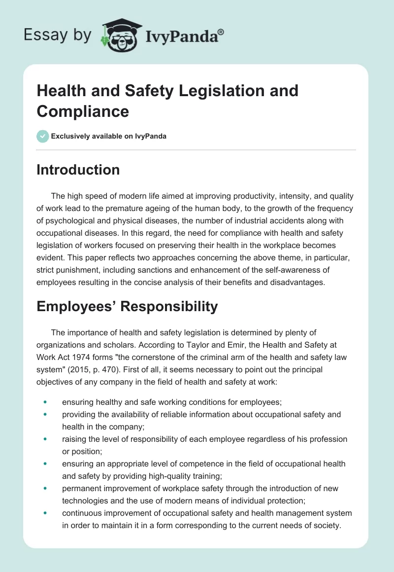 Health and Safety Legislation and Compliance. Page 1