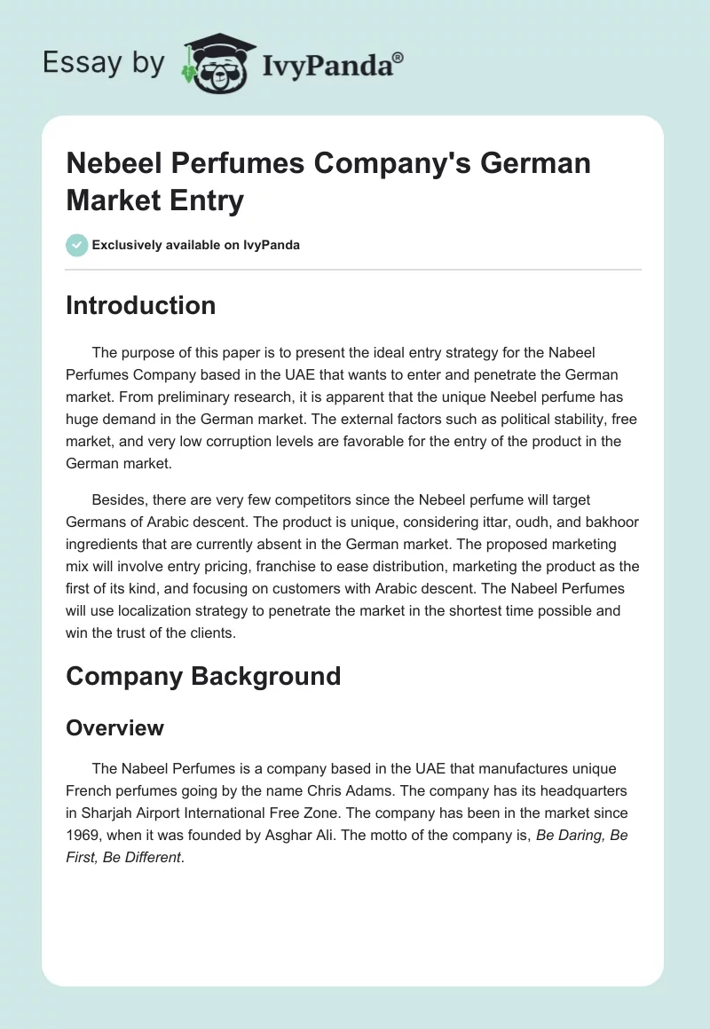 Nebeel Perfumes Company's German Market Entry. Page 1