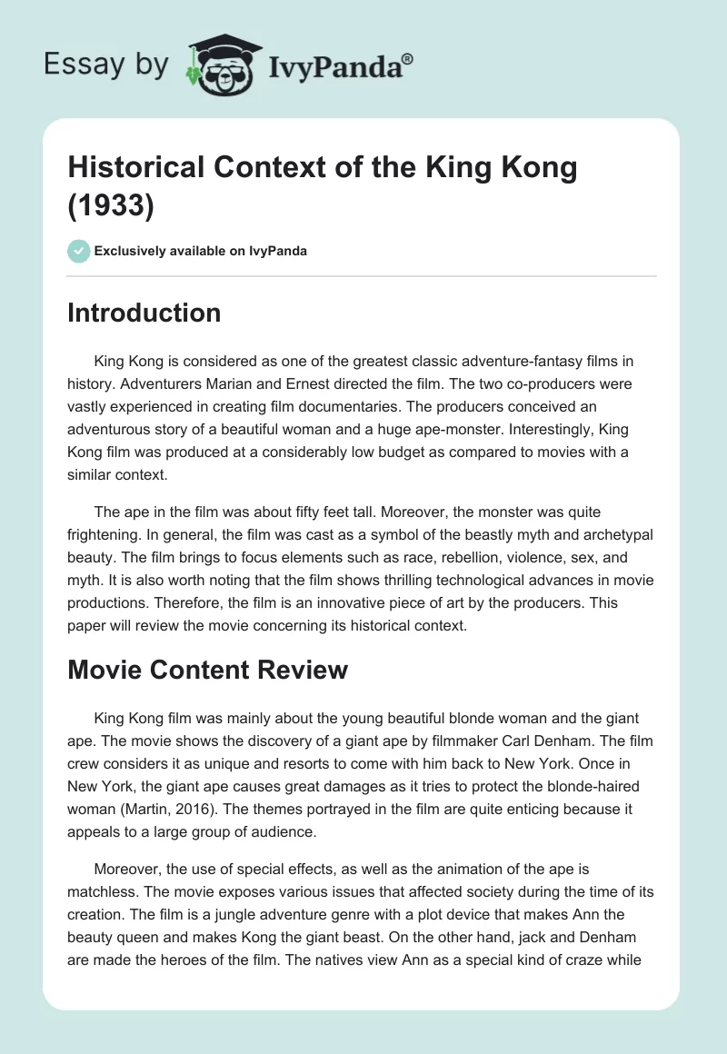 Historical Context of the "King Kong" (1933). Page 1