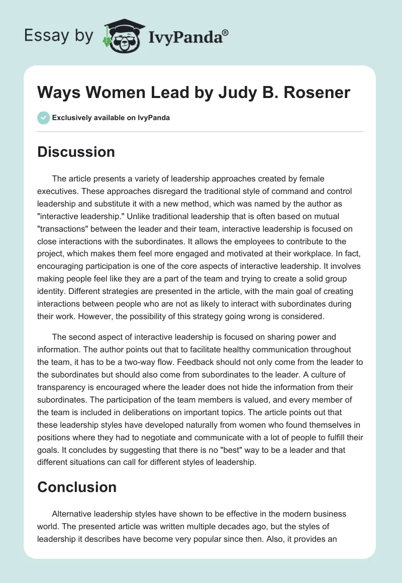 "Ways Women Lead" by Judy B. Rosener. Page 1