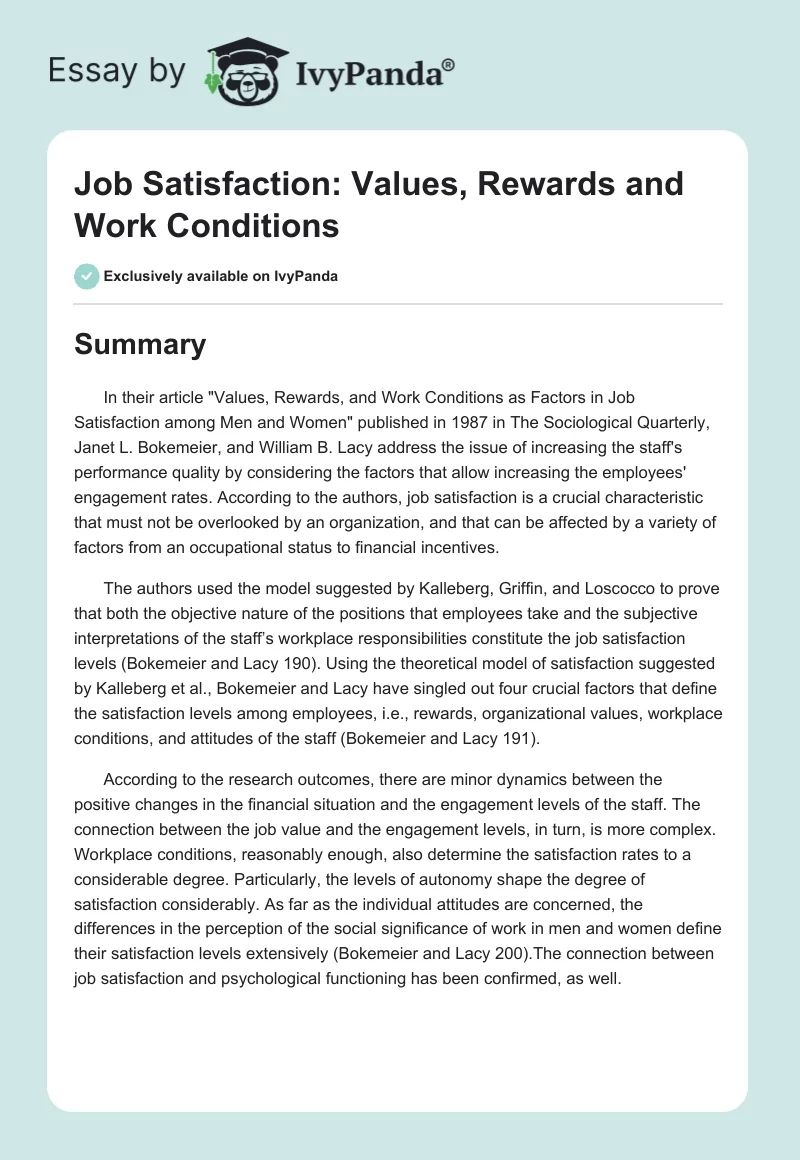 Job Satisfaction: Values, Rewards and Work Conditions. Page 1