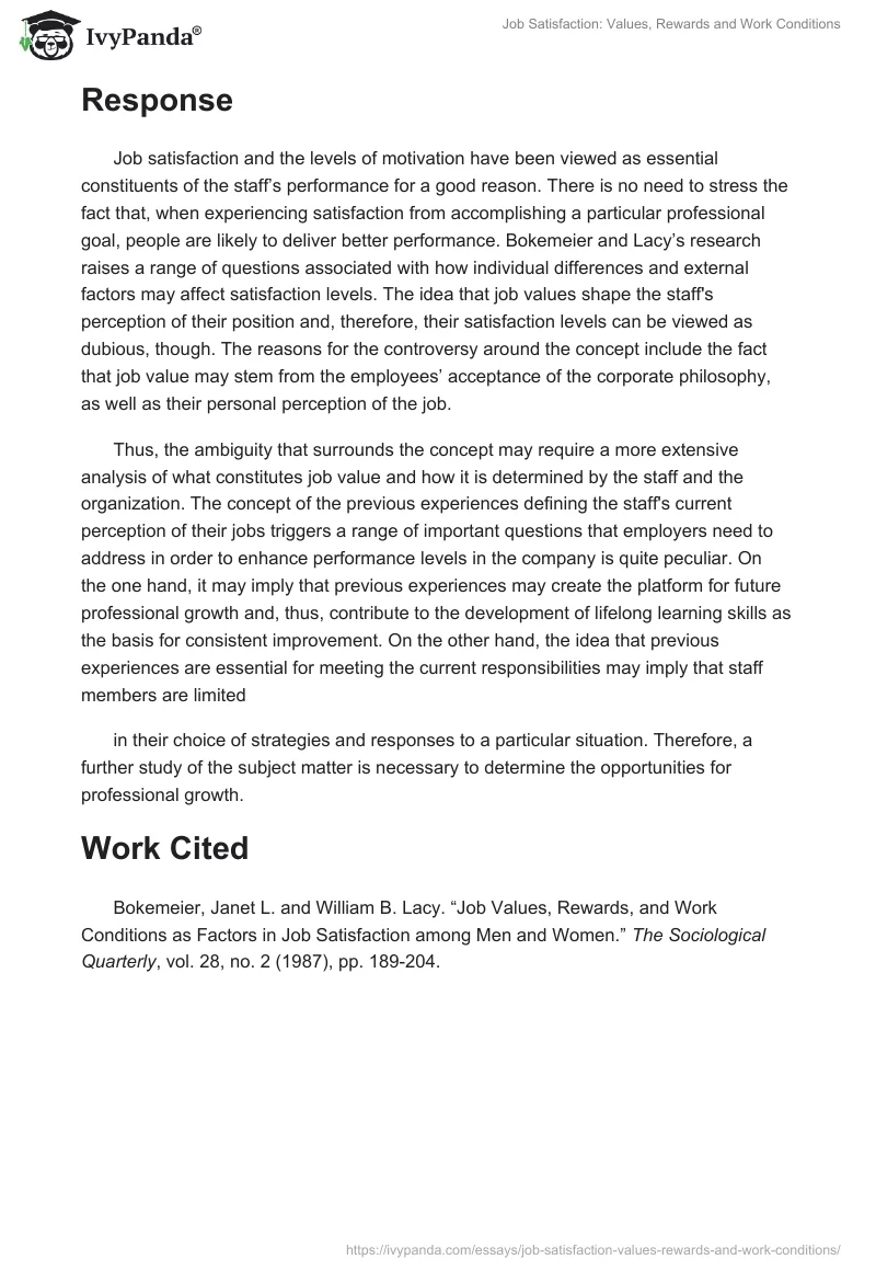 Job Satisfaction: Values, Rewards and Work Conditions. Page 2