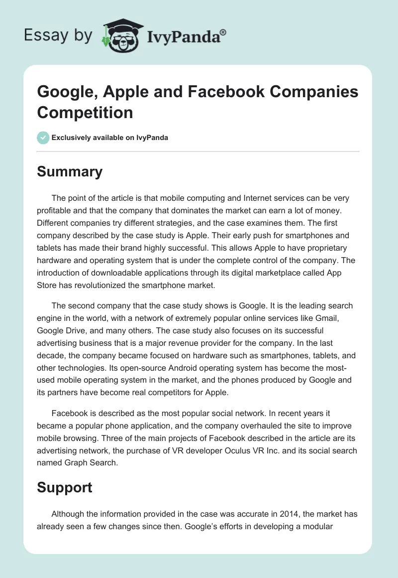 Google, Apple and Facebook Companies Competition. Page 1