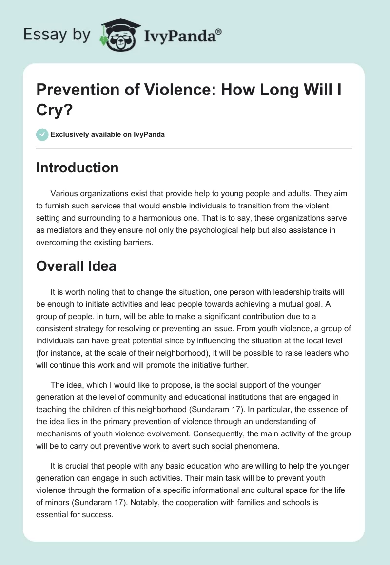 Prevention of Violence: How Long Will I Cry?. Page 1
