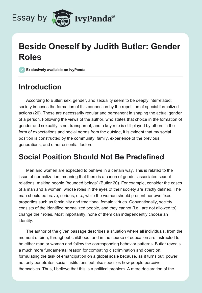 "Beside Oneself" by Judith Butler: Gender Roles. Page 1