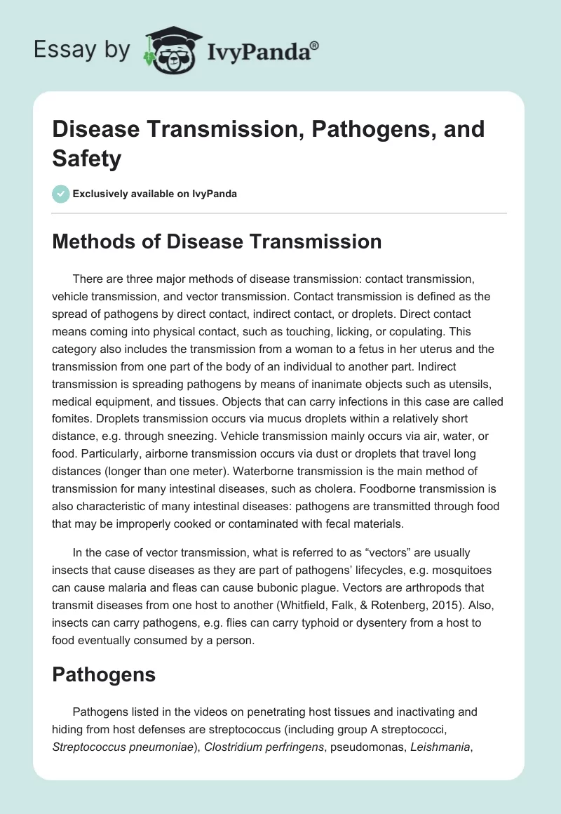 Disease Transmission, Pathogens, and Safety. Page 1