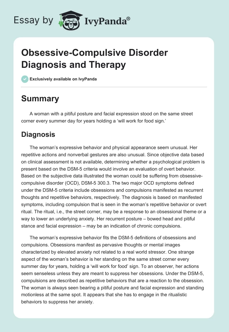 Obsessive-Compulsive Disorder Diagnosis and Therapy. Page 1