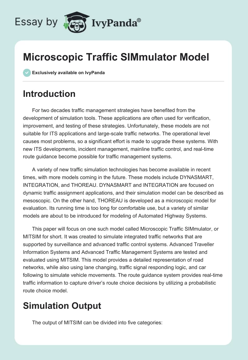 Microscopic Traffic SIMmulator Model. Page 1