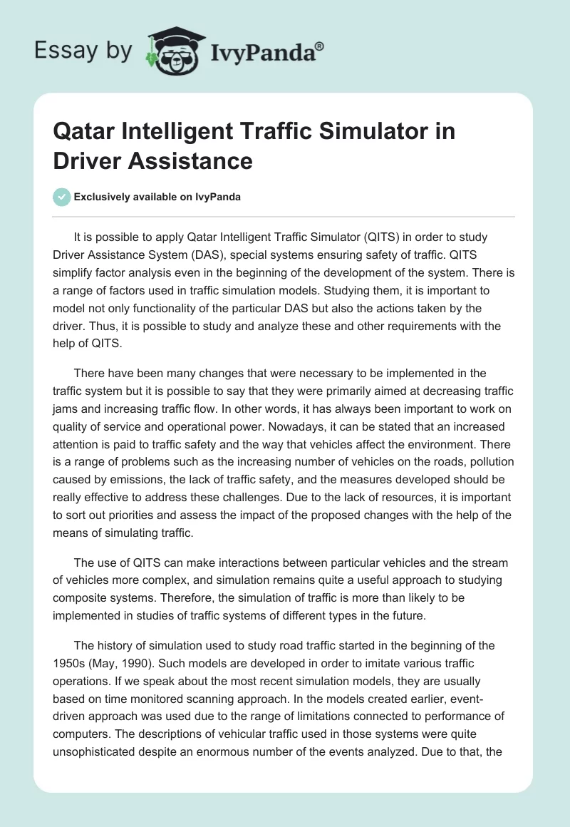 Qatar Intelligent Traffic Simulator in Driver Assistance. Page 1