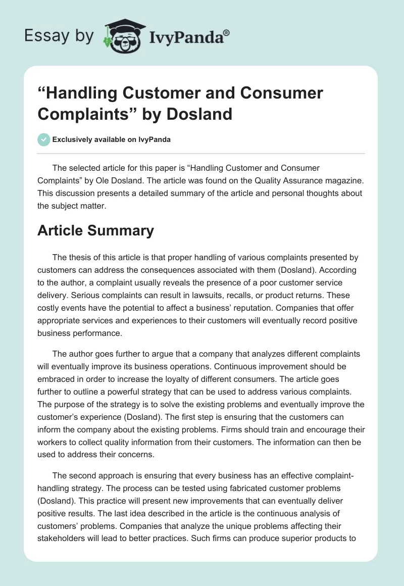 “Handling Customer and Consumer Complaints” by Dosland. Page 1