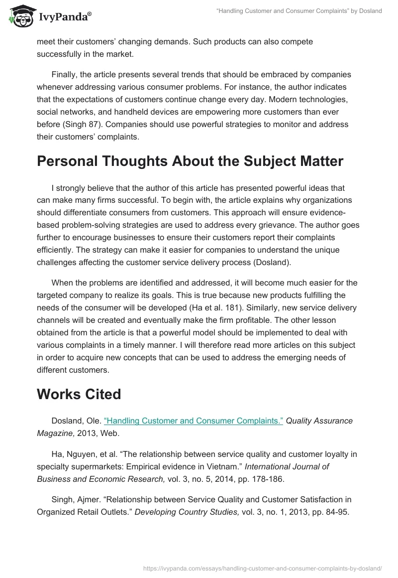 “Handling Customer and Consumer Complaints” by Dosland. Page 2