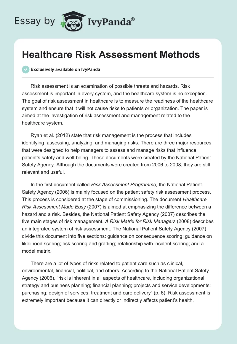 Healthcare Risk Assessment Methods. Page 1