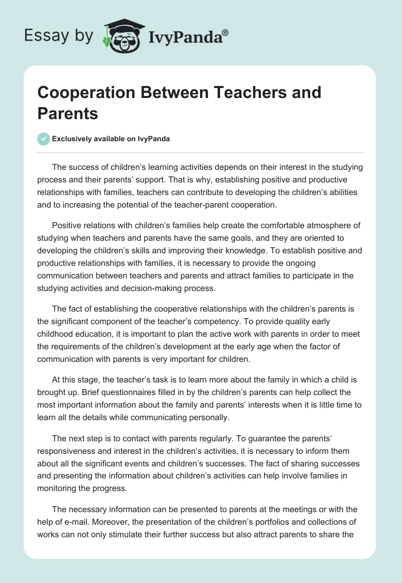 Cooperation Between Teachers and Parents. Page 1